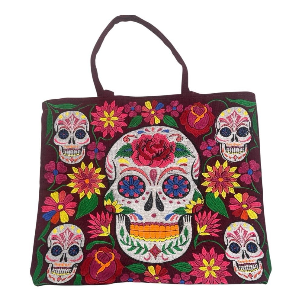 Handmade Mexican Sugar Skull Embroidered Maroon Tote Bag Women's Handbags Artsy